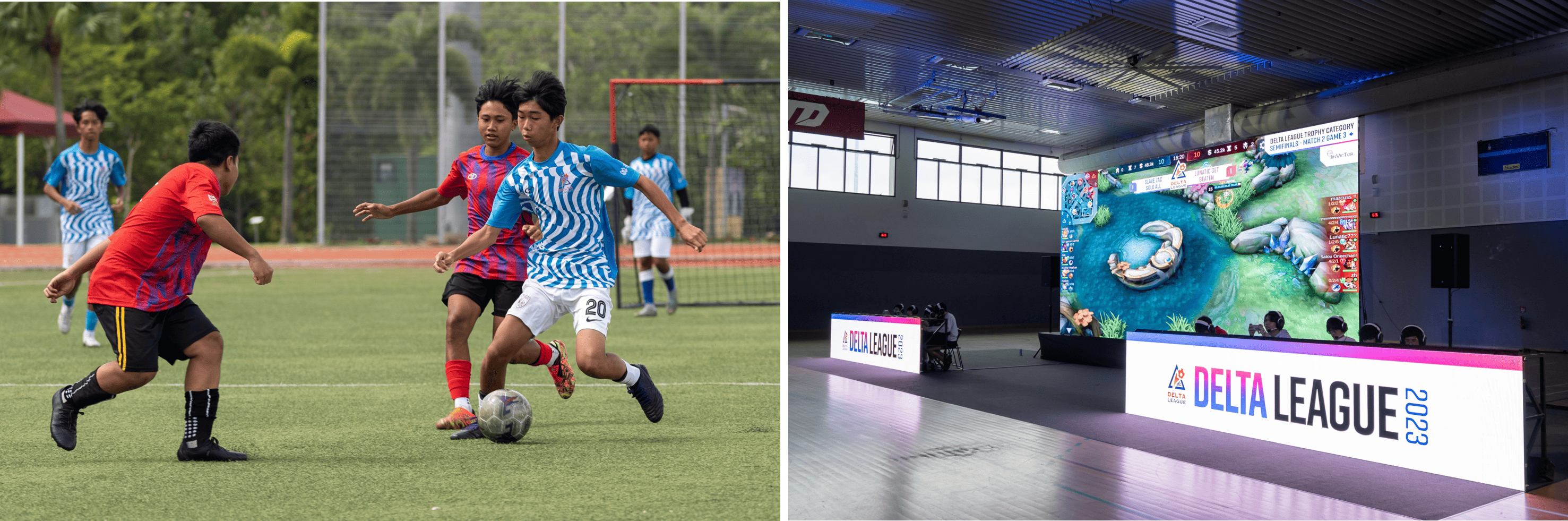 Youth soccer match on a field beside an indoor Delta League 2023 esports event with a large display screen.